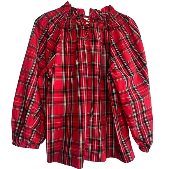 J. Crew Red Plaid Smocked Tie-Back Top Size Medium 100% Cotton - Picture 4 of 7